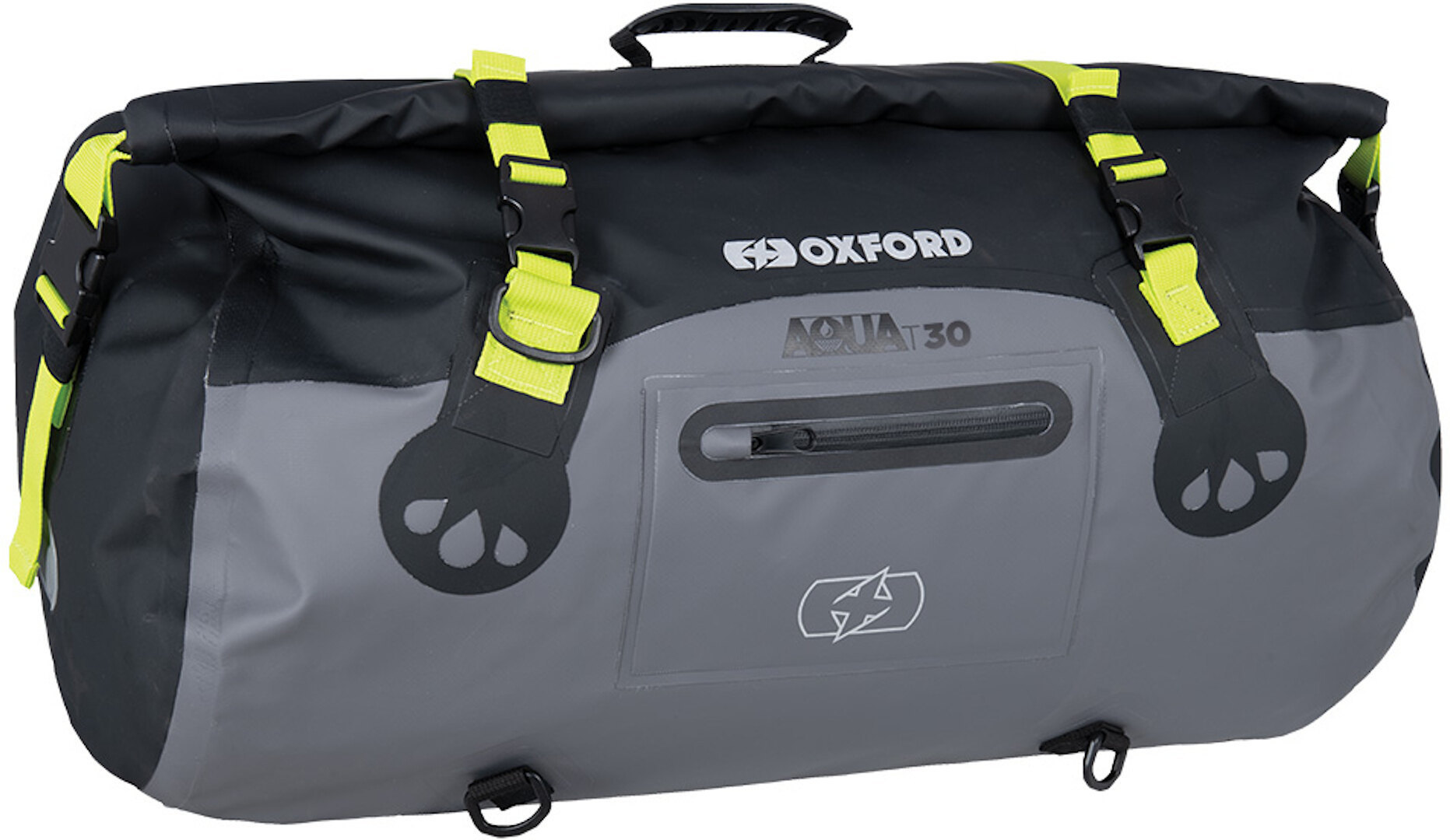 Black and grey waterproof roll bag with fluorescent yellow straps and buckles, featuring a front zip pocket and the Oxford logo prominently displayed.