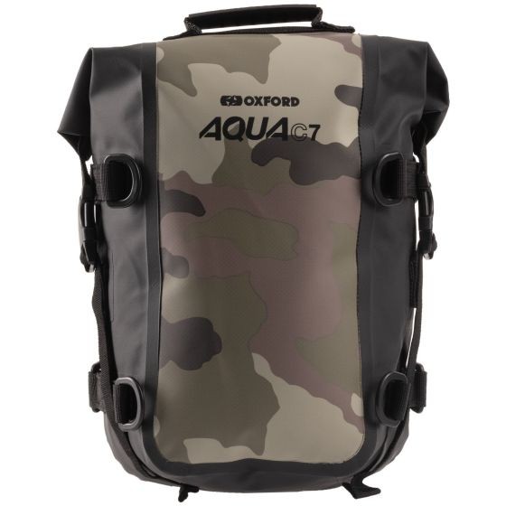 Camouflage-patterned waterproof bag with a roll-top closure, adjustable straps, and a 7-liter capacity, featuring the Oxford logo prominently displayed.
