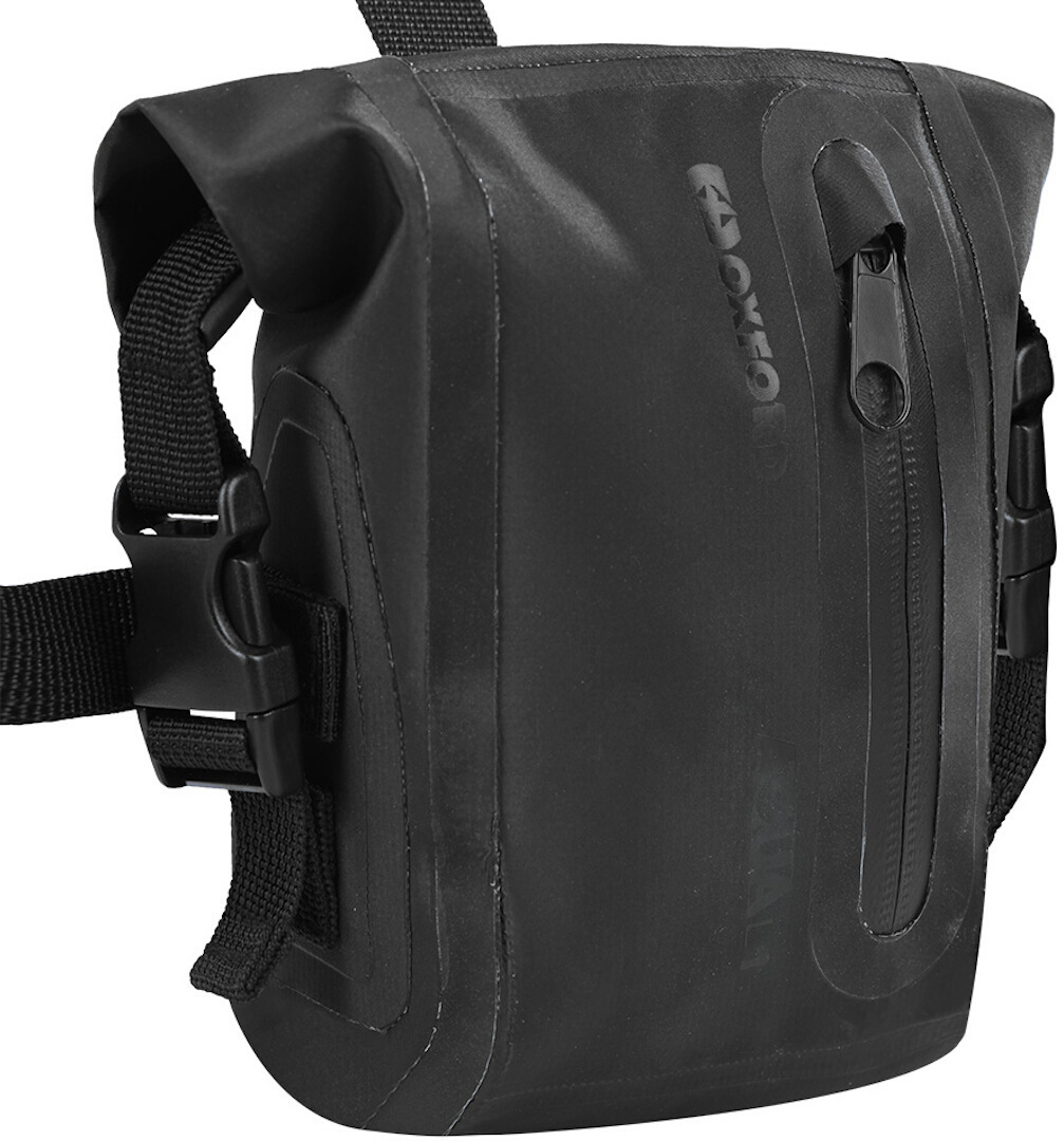Black waterproof leg bag by Oxford, featuring a sleek design, adjustable straps, and a zippered pocket for secure storage, ideal for outdoor activities.