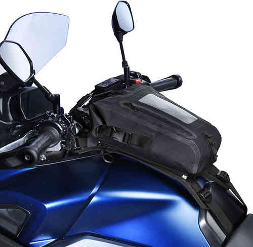 Black Oxford Aqua S8 Tank Bag featuring a durable material, adjustable straps, and a transparent top pocket, designed for secure attachment to motorcycle tanks.