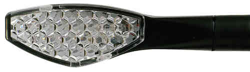 Black LED indicator light with a hexagonal lens design, featuring a sleek, elongated shape, ideal for enhancing visibility on bicycles or vehicles.