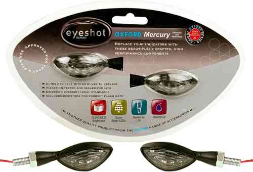 Oxford Eyeshot LEDicators in Mercury Black feature sleek black plastic housing with clear lenses, designed for high visibility and performance, ideal for motorcycle indicators.