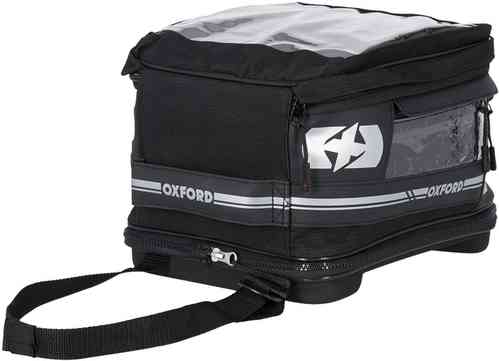 Black and grey Oxford OL449 Tank Bag with a waterproof design, transparent pocket, reflective stripes, and a sturdy zipper, ideal for motorcycle storage.