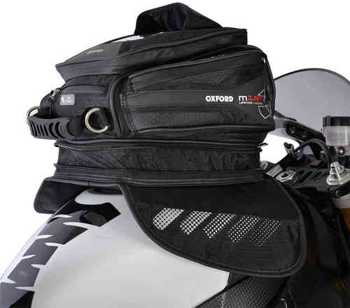 Black Oxford OL221 Tank Bag with multiple zippered compartments, adjustable straps, and a sleek design, positioned on a motorcycle tank.