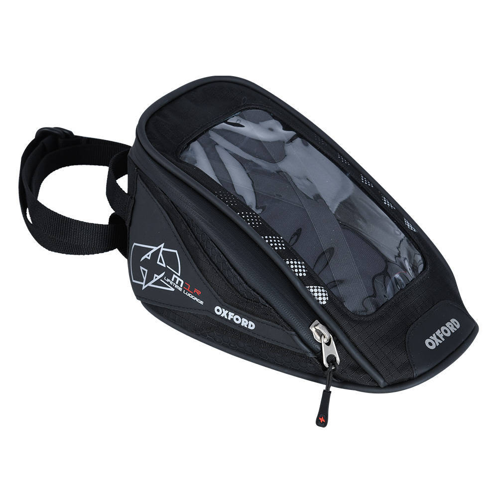 Black tank pouch with a transparent top, featuring a zippered closure, adjustable strap, and Oxford branding, designed for motorcycle use.