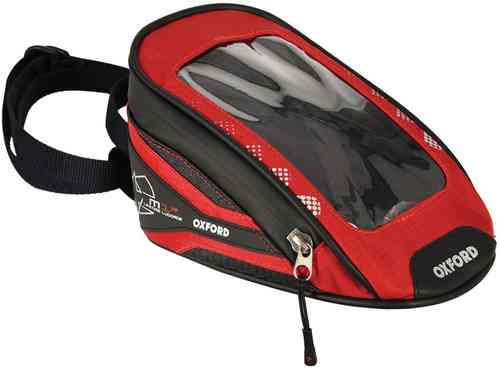 Red Oxford M1R Micro Motorcycle Tank Bag with a 1L capacity, featuring a clear top pocket, zip closure, and adjustable strap for secure attachment.