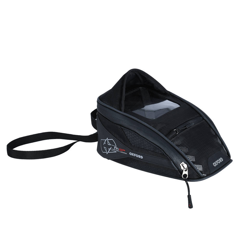 Black Oxford M2R Motorcycle Mini Tank Bag features a sleek design, transparent map pocket, zippered compartments, and a durable material, ideal for secure storage on rides.