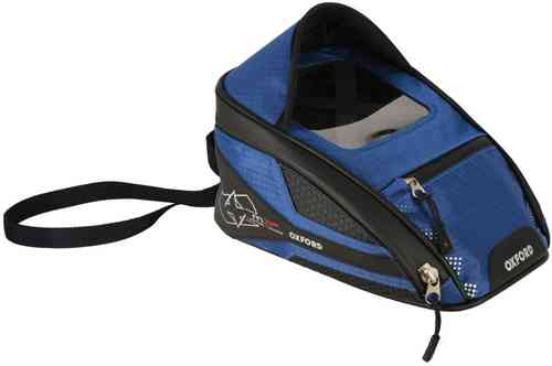 Blue Oxford OL356 Tank Bag with a transparent top pocket, zippered compartments, and a sleek design, featuring a black base and adjustable strap.