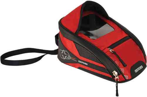 Red and black Oxford OL355 tank bag featuring a clear top pocket, zippered compartments, and a strap for secure attachment to a motorcycle.