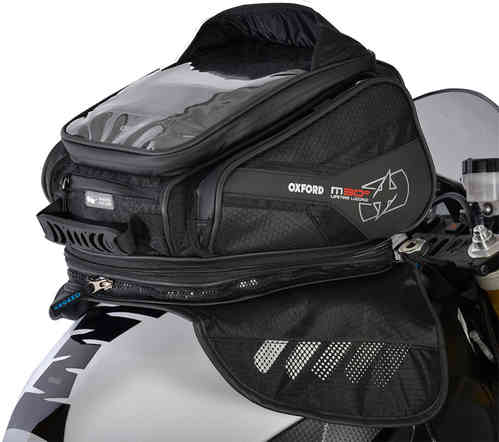 Black Oxford M30R Magnetic 30L tank bag featuring a clear top pocket, zippered compartments, and a textured exterior, designed for secure attachment to motorcycles.