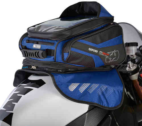 Blue Oxford M30R Tank Bag featuring a durable material, a transparent top pocket, adjustable straps, and a sleek design, mounted on a motorcycle tank.