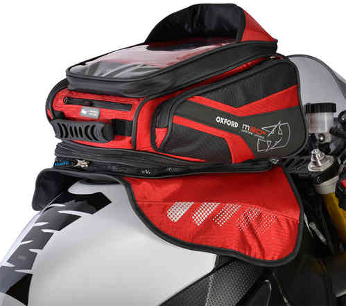 Red Oxford M30R tank bag features a sleek design with a transparent top pocket, adjustable straps, and a durable material, perfect for motorcycle storage.