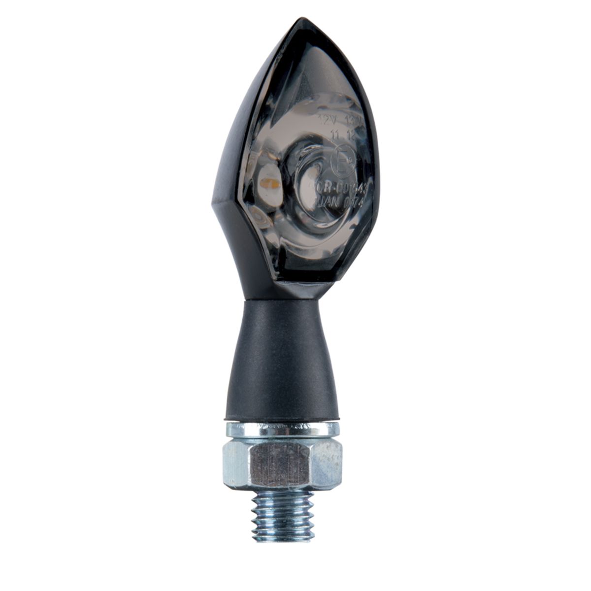 Black LED motorcycle indicator with a sleek, teardrop shape, featuring a clear lens and a sturdy metal base for secure mounting.