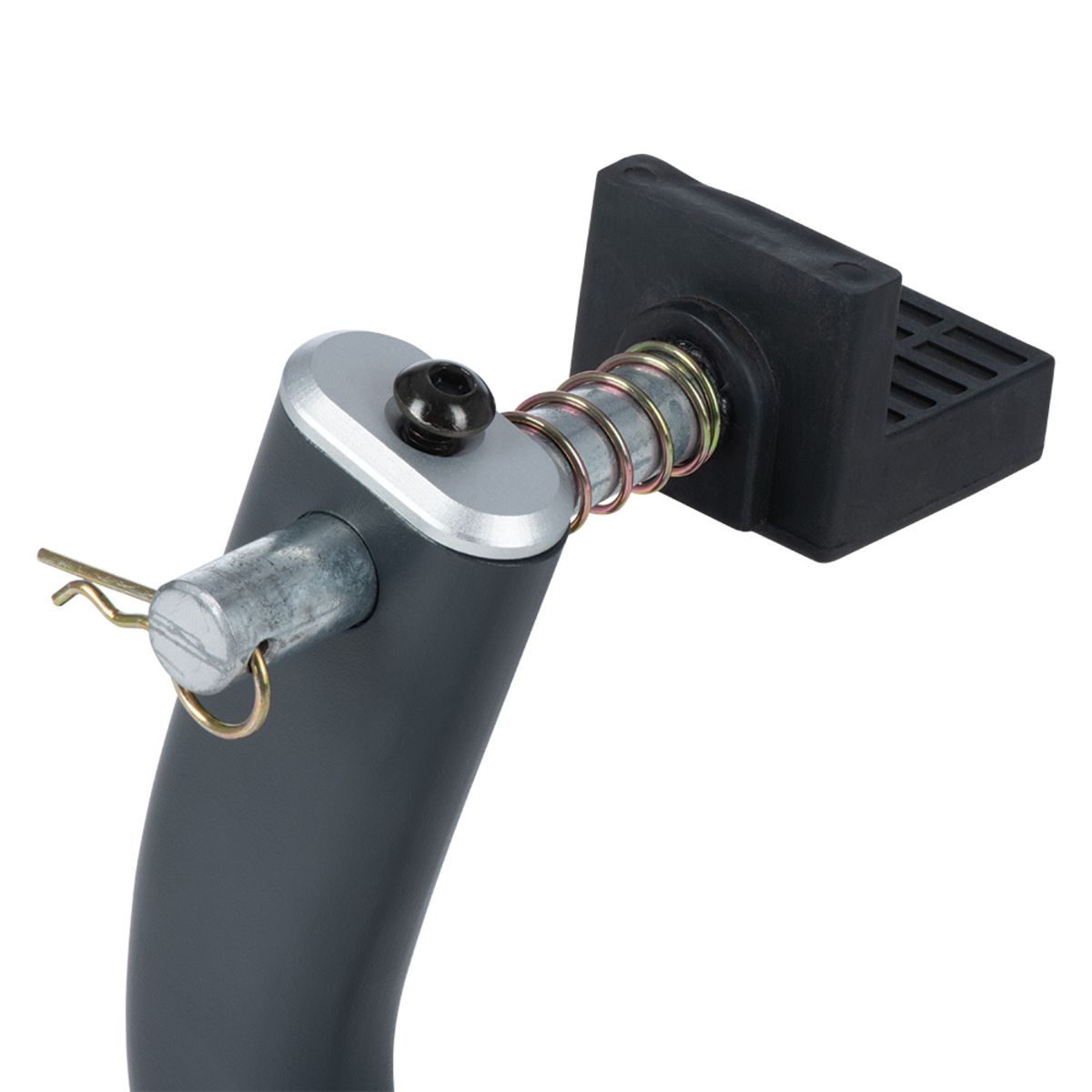 Oxford Zero-G/Zero-G Lite rear L-cups feature a sleek gray metal design with a rubber foot, spring mechanism, and a secure pin for attachment, ideal for motorcycle use.
