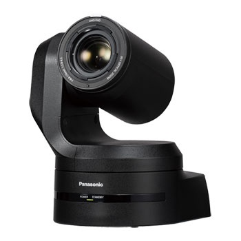 Black Panasonic AW-HE145 Bullet IP Security Camera with a sleek design, featuring a prominent lens and a rotating base for versatile indoor ceiling or wall mounting.