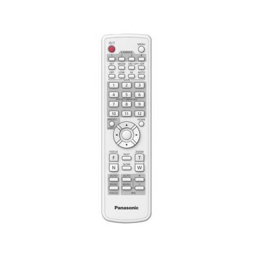 White Panasonic AW-RM50AG camera remote control featuring a variety of buttons for menu navigation, focus, zoom, and camera settings, with an IR transmitter at the top.