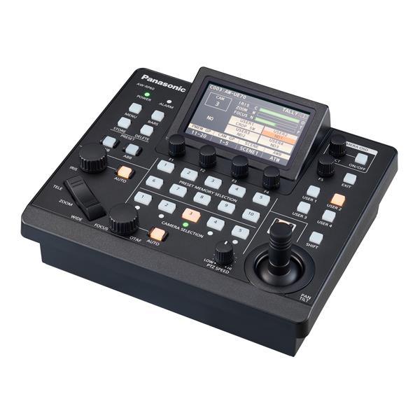 Black Panasonic AW-RP60GJ camera remote control with a display screen, various knobs, buttons, and a joystick for precise camera operation.