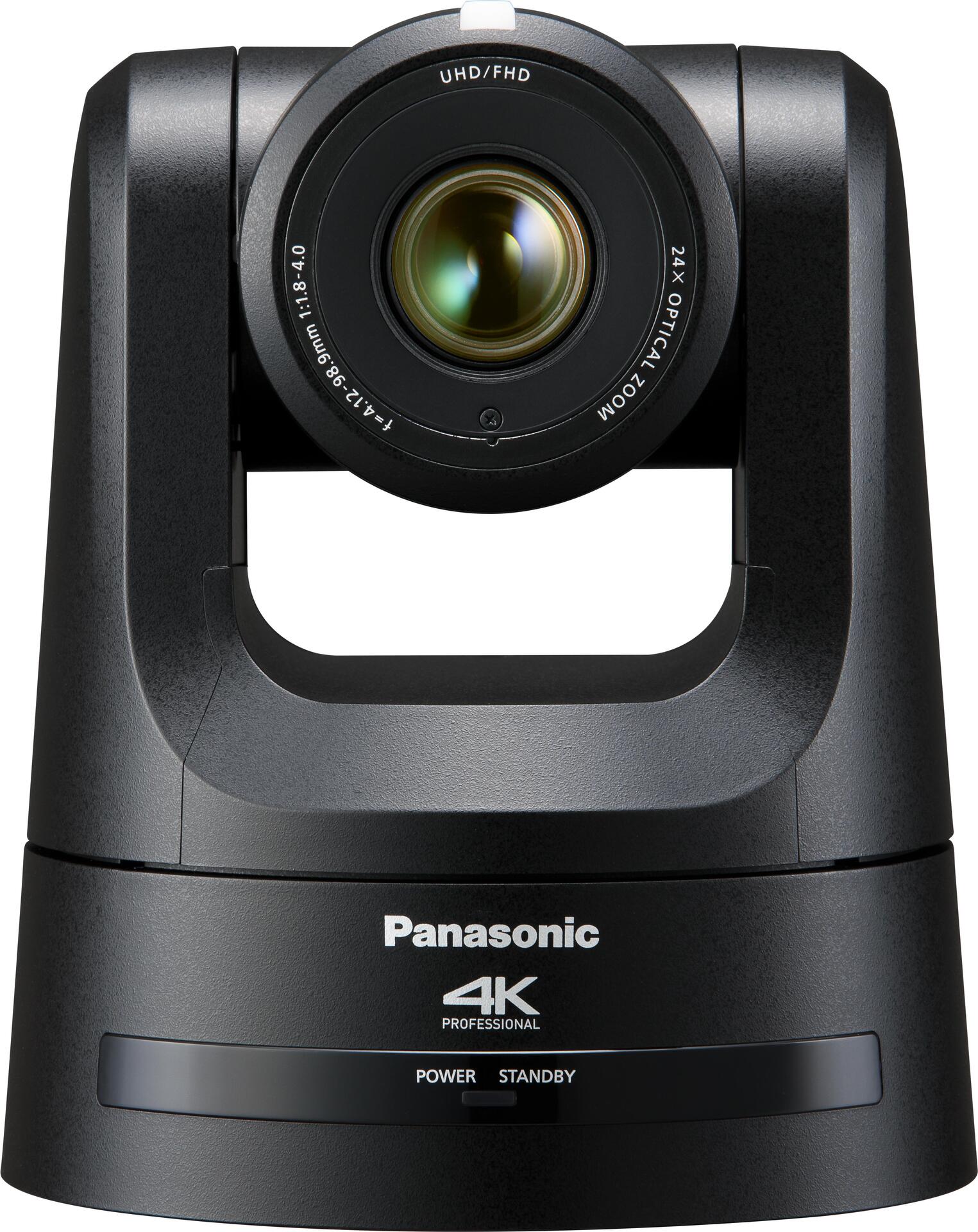Panasonic AW-UE100KEJ video conferencing camera in black, featuring a sleek design, 4K resolution, and a prominent lens with a wide aperture for high-quality video.