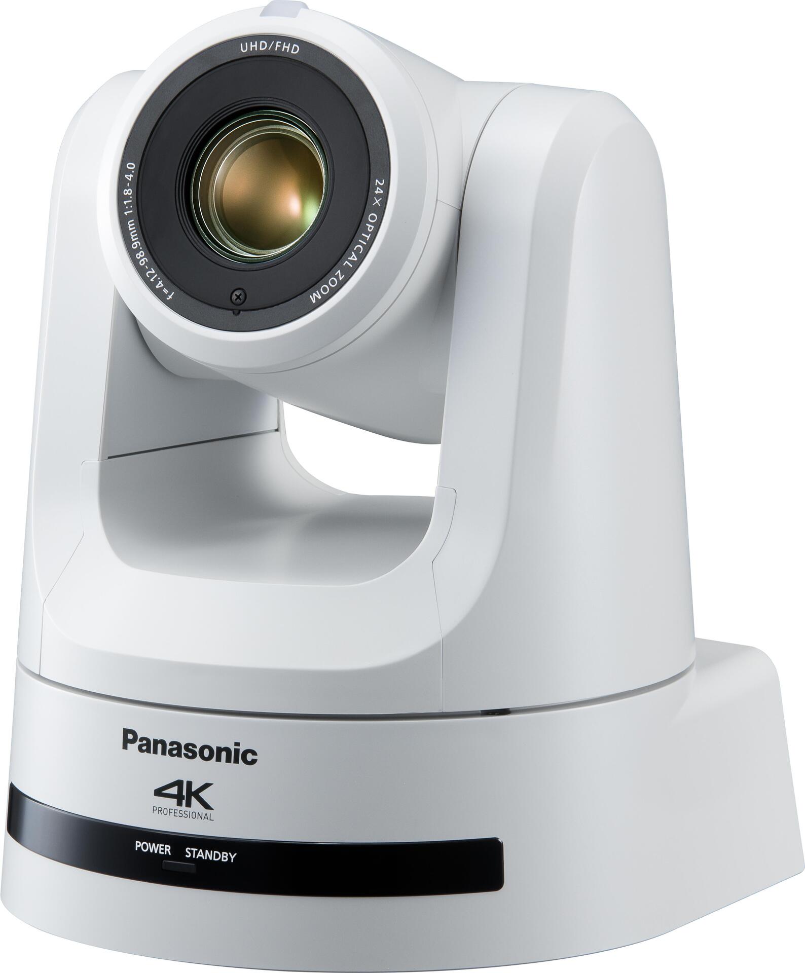 White Panasonic AW-UE100WEJ streaming camera with a sleek design, featuring a large lens, 4K logo, and control buttons for power and standby on the base.