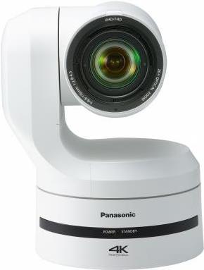 White Panasonic AW-UE150WEJ8 bullet IP security camera with a sleek design, featuring a prominent lens and a base with power and standby indicators.