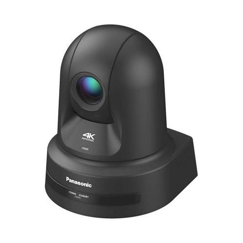 Black Panasonic AW-UE80 camera with a rounded design, featuring a prominent lens and 4K logo, mounted on a sturdy base.
