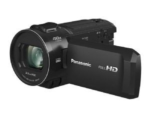 Panasonic HC-V900 Full HD camcorder in black, featuring a sleek design, 24x optical zoom lens, and clear display for capturing high-quality video.