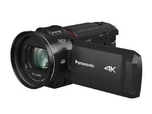 Panasonic HC-VX3E-K 4K camcorder in black, featuring a sleek design, 24x optical zoom lens, and a prominent "4K" logo on the side.