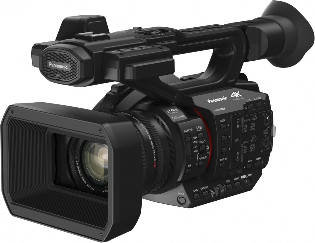 Black Panasonic HC-X20 handheld camcorder featuring a 15.03 MP MOS sensor, 4K Ultra HD capabilities, and various control buttons on the side for easy operation.