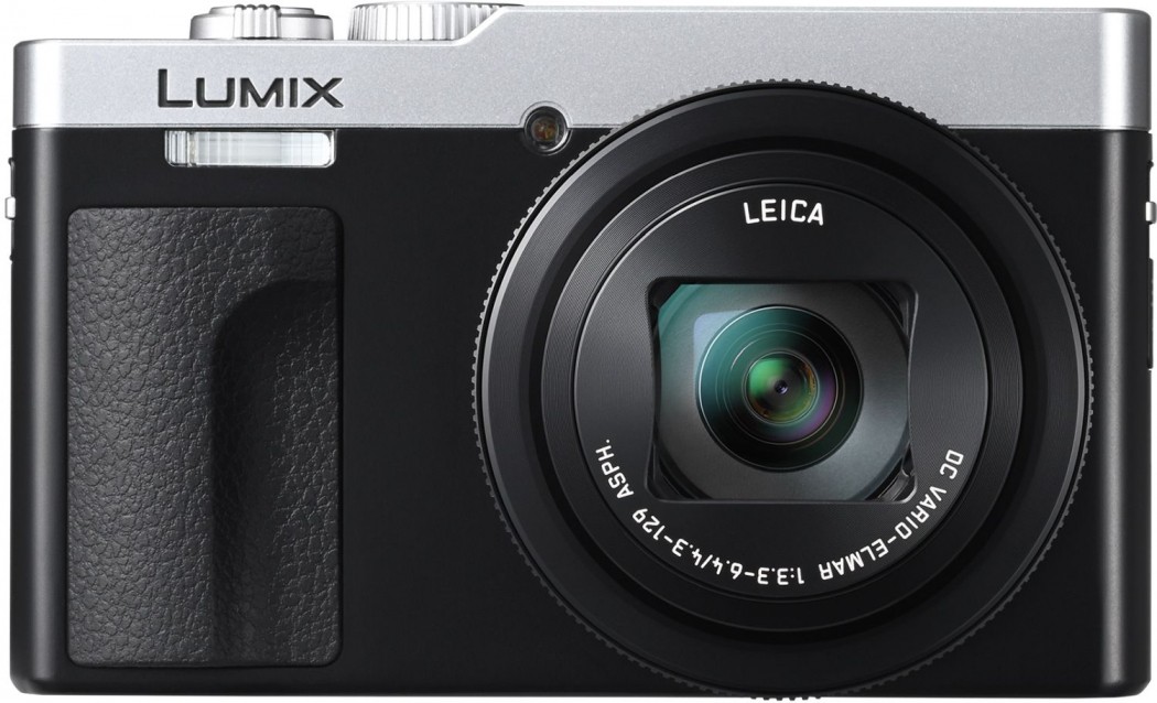 Panasonic Lumix TZ99 compact camera featuring a silver top and black body, with a Leica lens and textured grip for enhanced handling.