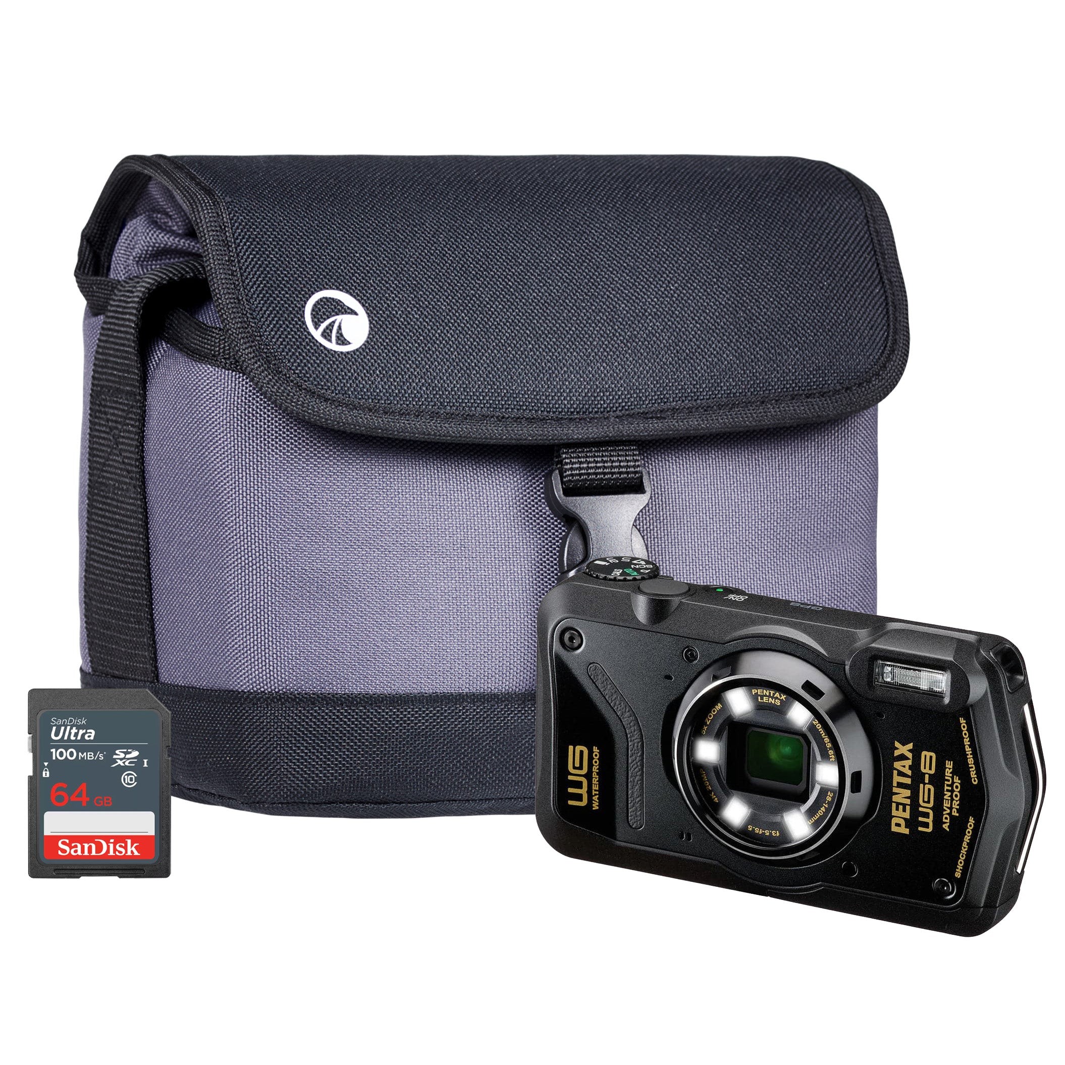Black Pentax WG-8 compact camera with a 20MP sensor and 5x zoom, accompanied by a gray fabric camera bag and a SanDisk 64GB memory card.