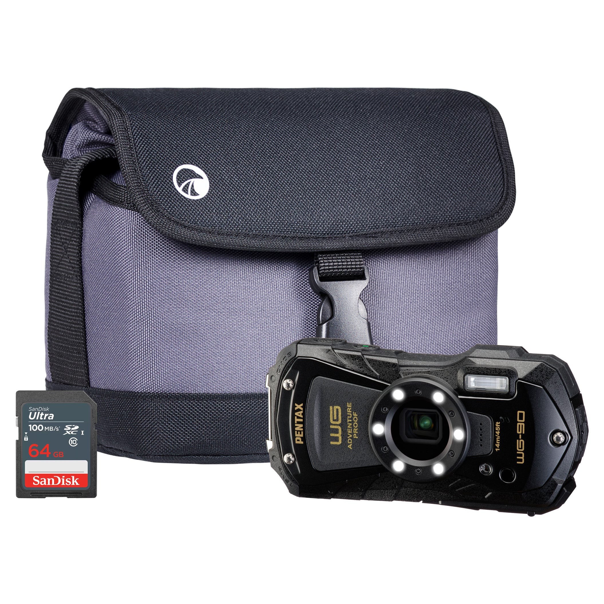 Pentax WG-90 tough compact camera in black with a 16MP sensor and 5x zoom, accompanied by a gray carrying case and a 64GB SanDisk memory card.