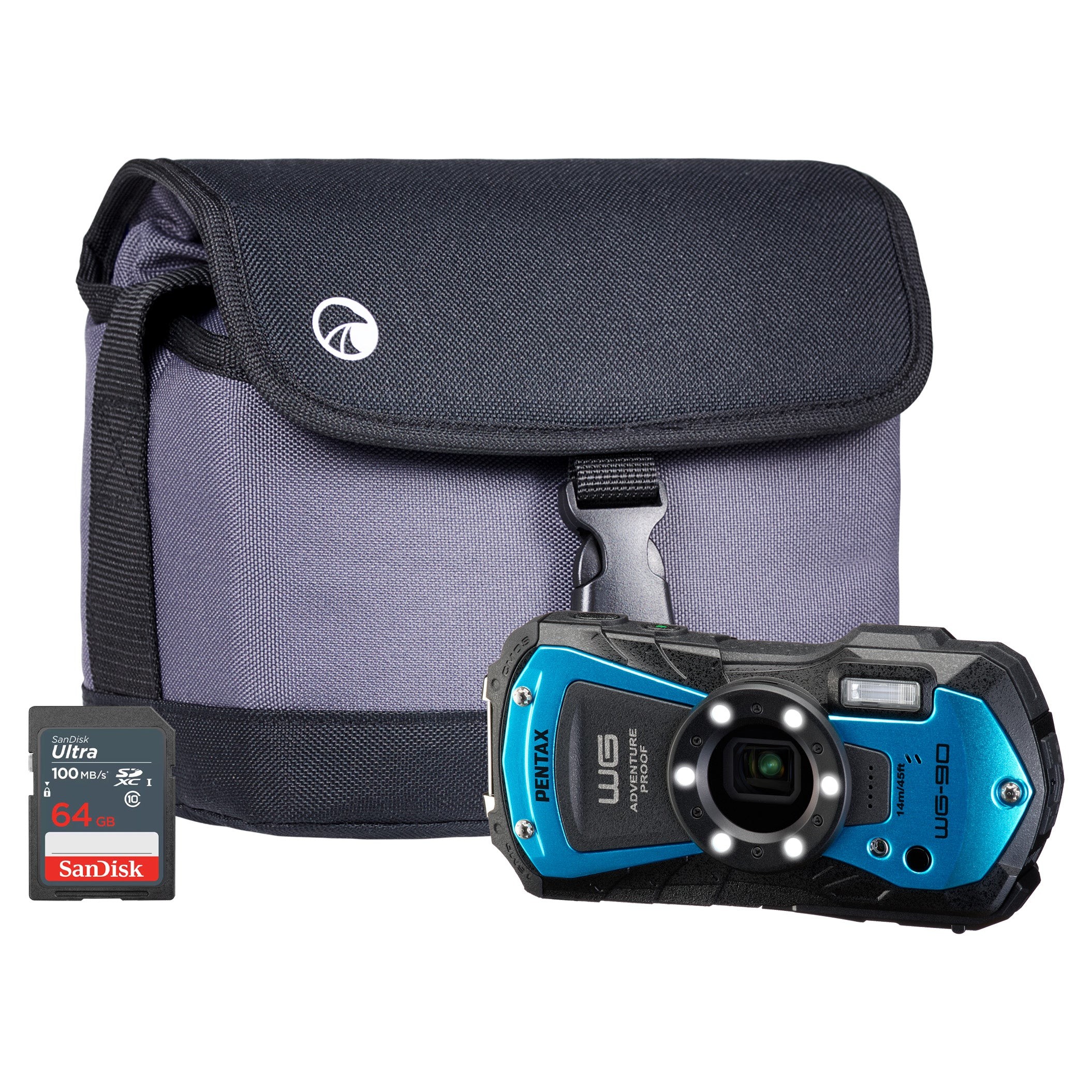 Pentax WG-90 compact camera in blue with a rugged design, featuring a 16MP sensor, 5x zoom lens, and a protective case, accompanied by a SanDisk 64GB memory card.