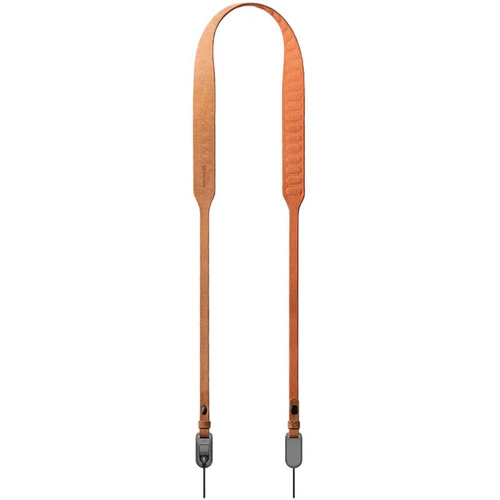 Brown leather shoulder strap with a retro design, featuring padded sections for comfort and metal clips for secure attachment, ideal for carrying cameras.