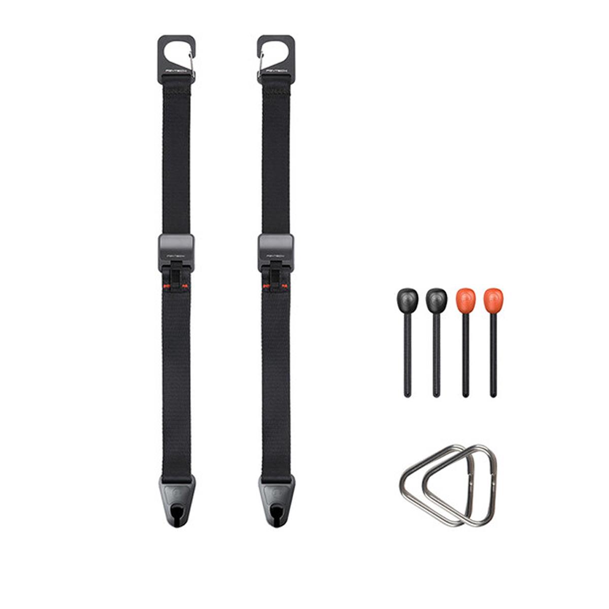 Black nylon and polyester camera strap with aluminum clips, featuring two adjustable straps and additional accessories including red and black connectors.