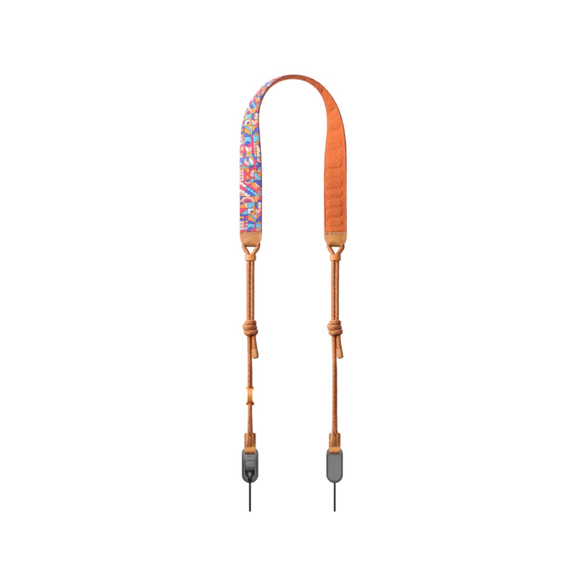 Nylon and polyester camera strap featuring a colorful patterned shoulder pad and thermoplastic connectors, designed for comfort and durability.