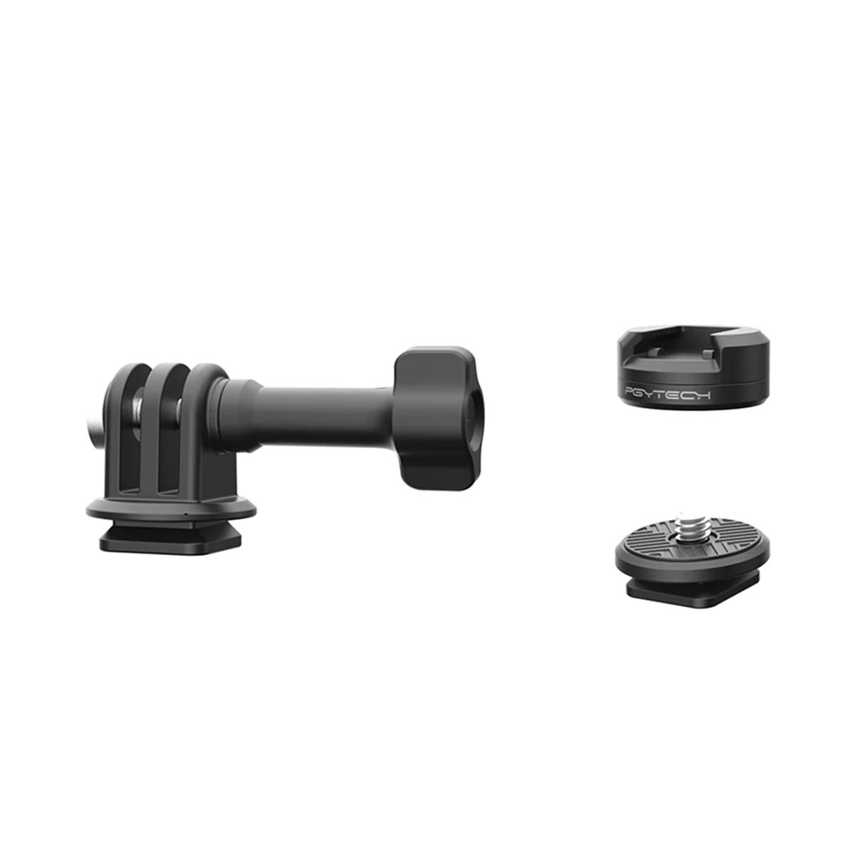 Black PGYTECH P-CG-141 action camera mount with a sturdy base, adjustable arm, and a detachable circular plate for secure attachment to various surfaces.