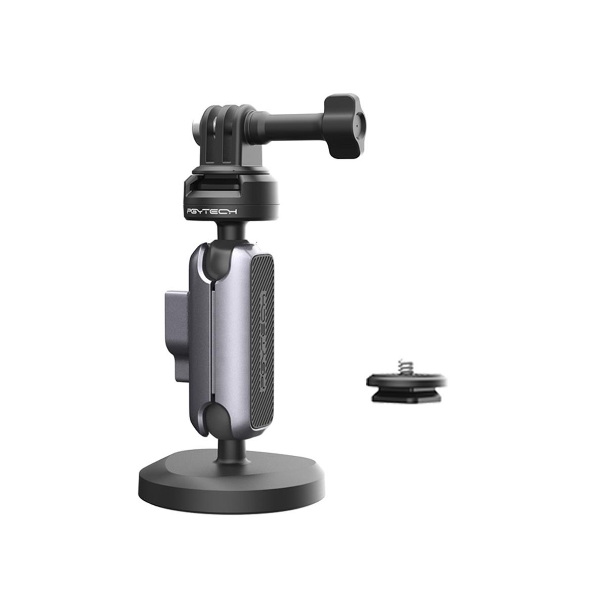 PGYTECH P-GM-220 camera mount in sleek black and silver, featuring a sturdy base, adjustable arm, and a detachable screw mount for versatile action camera attachment.