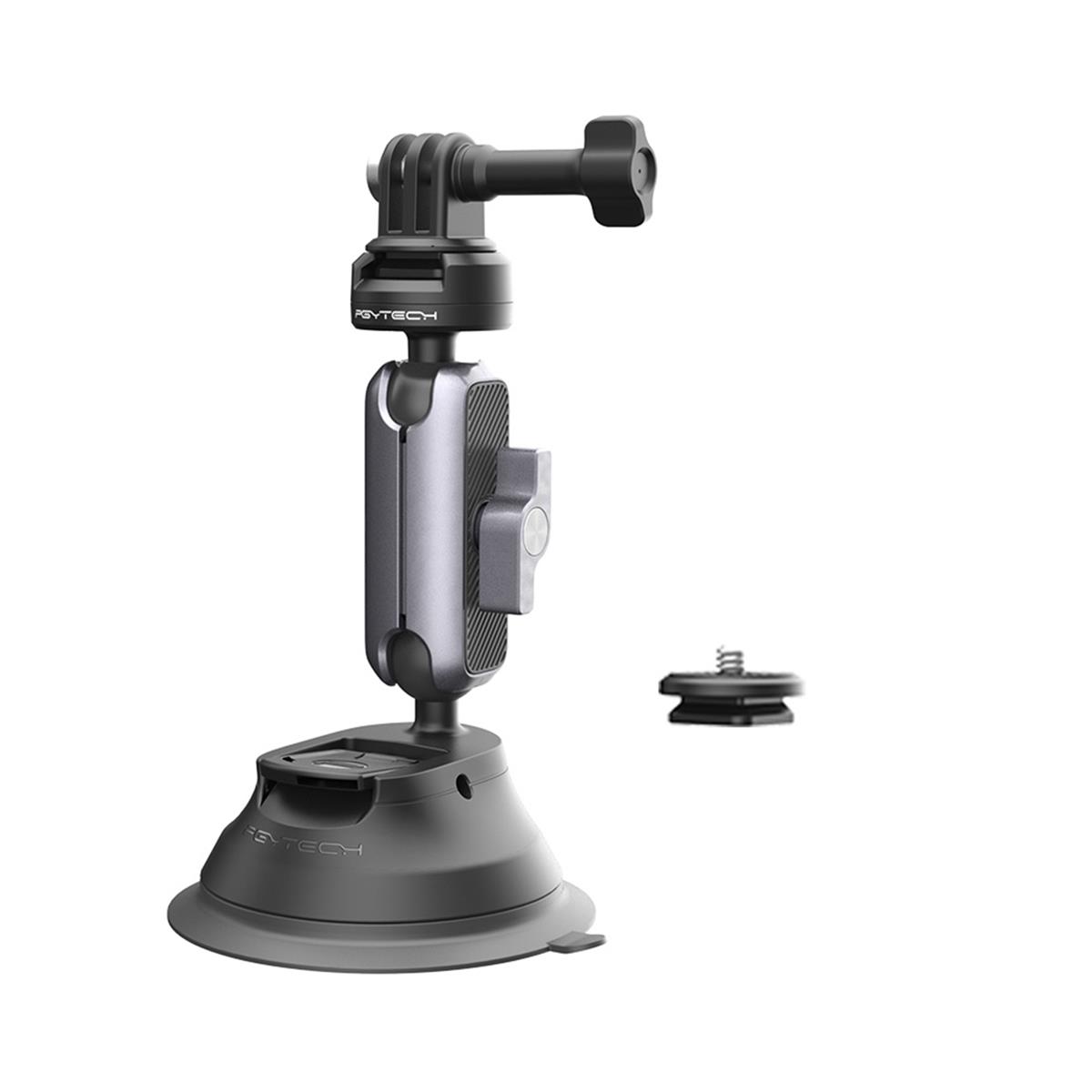 Black and gray PGYTECH P-GM-223 action camera mount with a strong suction base, adjustable arm, and a quick-release mechanism for easy camera attachment.