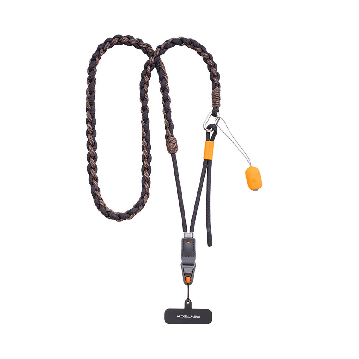 Braided black and orange camera neck strap featuring a quick-release buckle and adjustable length, designed for action sports cameras.