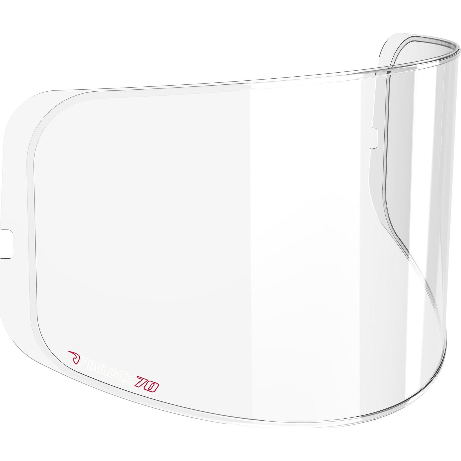 Clear Pinlock 70 Max Vision insert designed for Shox Sniper Evo/Assault Evo helmets, featuring a smooth, transparent surface and a subtle red logo at the bottom.
