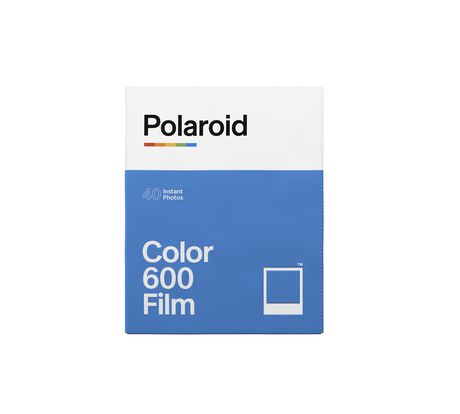 White and blue packaging for Polaroid Color 600 Film, featuring the Polaroid logo, with text indicating 40 instant photos included and a blank square icon.