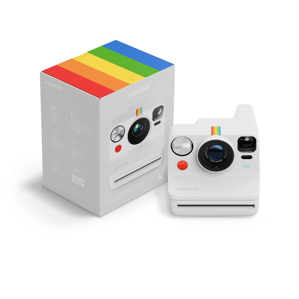 Polaroid Now+ Instant Camera in white with a colorful rainbow stripe, accompanied by a grey box featuring product details and a minimalist design.