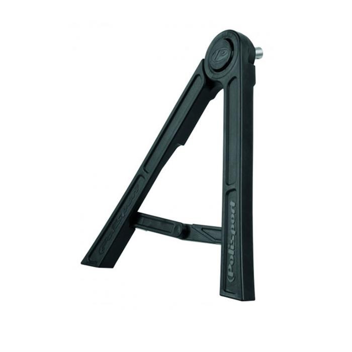 Black folding axle stand made of durable plastic, featuring a tripod design with a prominent Polisport logo and a sturdy, adjustable support for stability.