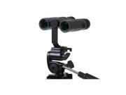 Black metal binocular tripod adaptor with a dual mount for binoculars, featuring a sturdy clamp and adjustable screw for secure attachment to tripods.