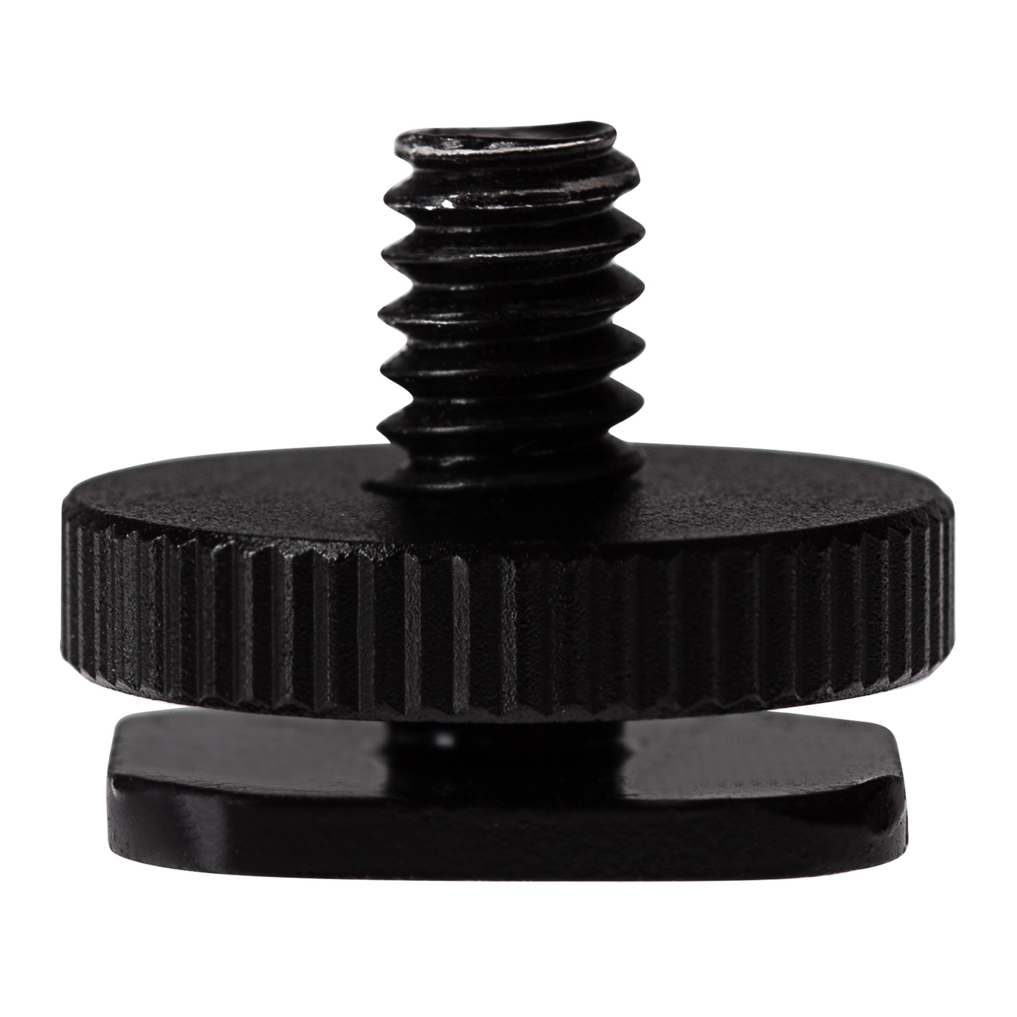 Black aluminium cold shoe adapter with a 1/4" screw fitting, featuring a textured knob for grip and a flat base for secure mounting.