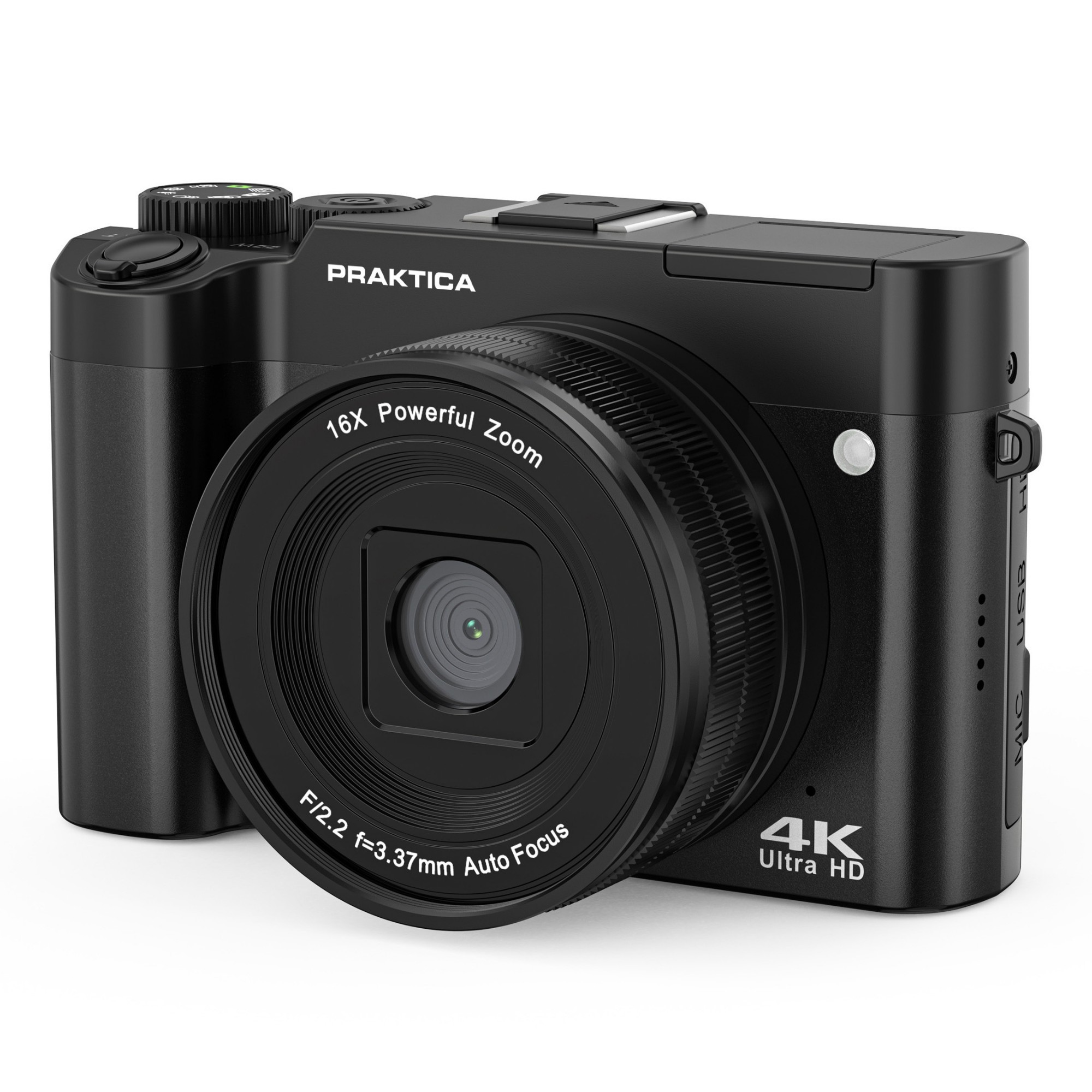 Compact black digital camera featuring a 13MP CMOS sensor, 16x digital zoom, and 4K video capability, with a sleek design and prominent lens.