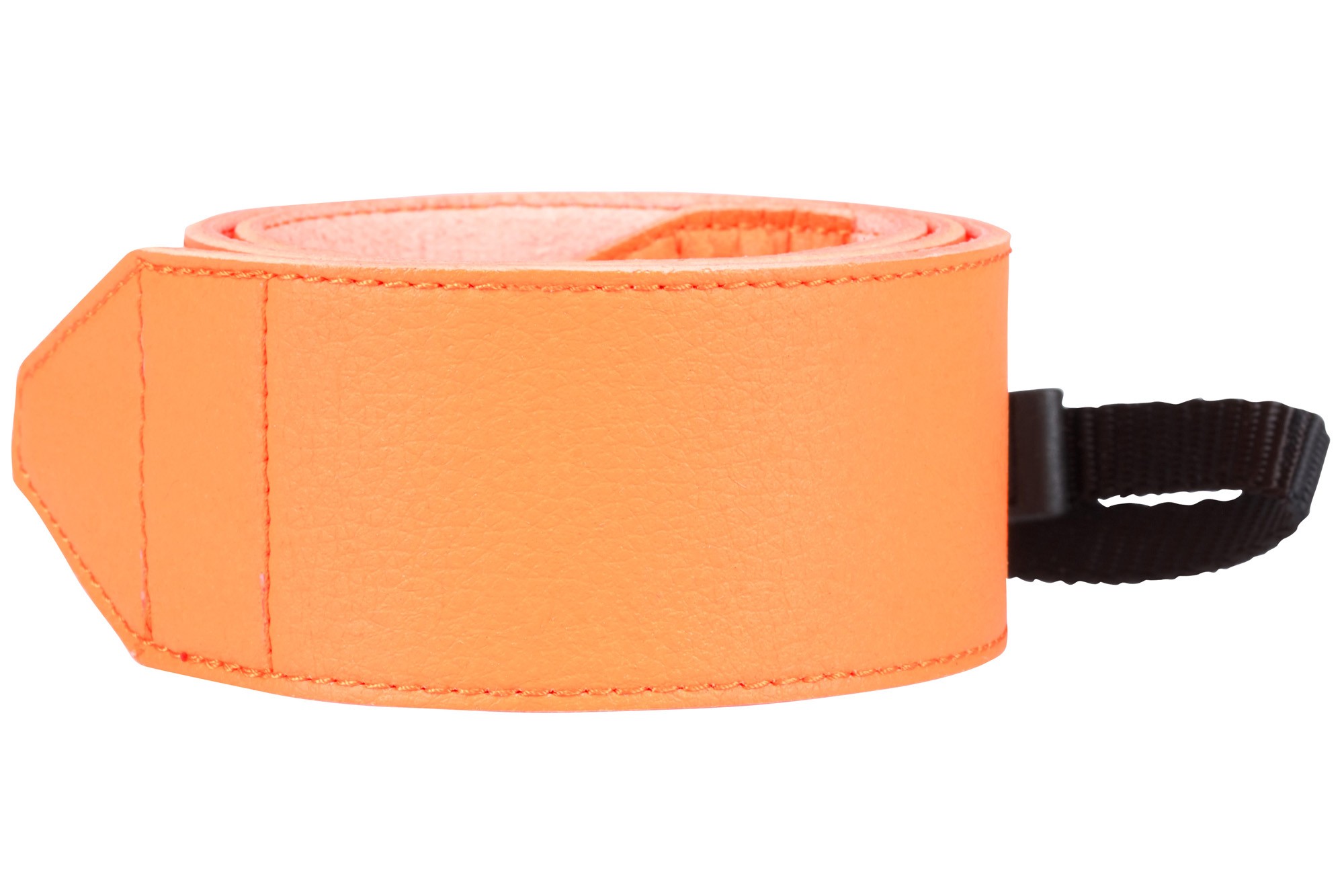 Genuine leather camera neck strap in vibrant orange, measuring 100mm wide by 40mm, featuring a soft inner lining and a sturdy attachment loop.
