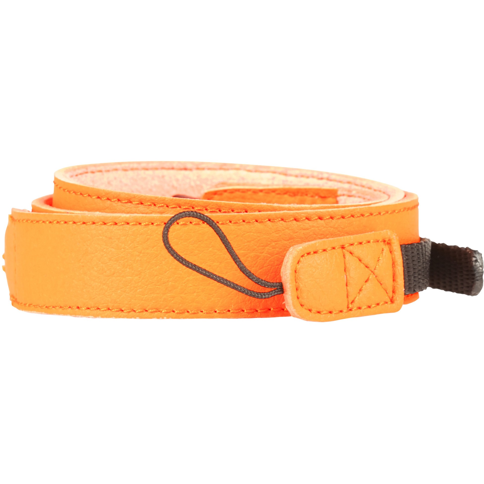 Praktica orange genuine leather camera neck strap, measuring 1070mm x 20mm, featuring a soft texture and a secure attachment loop for easy use.