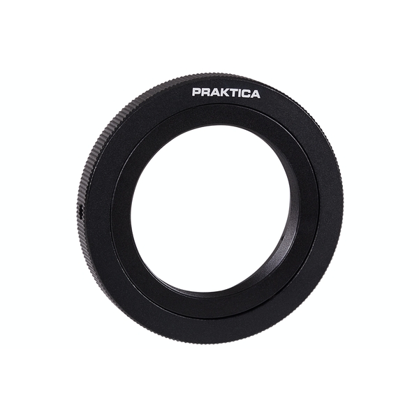 Black metal Praktica T2-EOS-EF camera lens adapter with a textured grip and engraved logo, designed for connecting T2 lenses to Canon EF camera bodies.