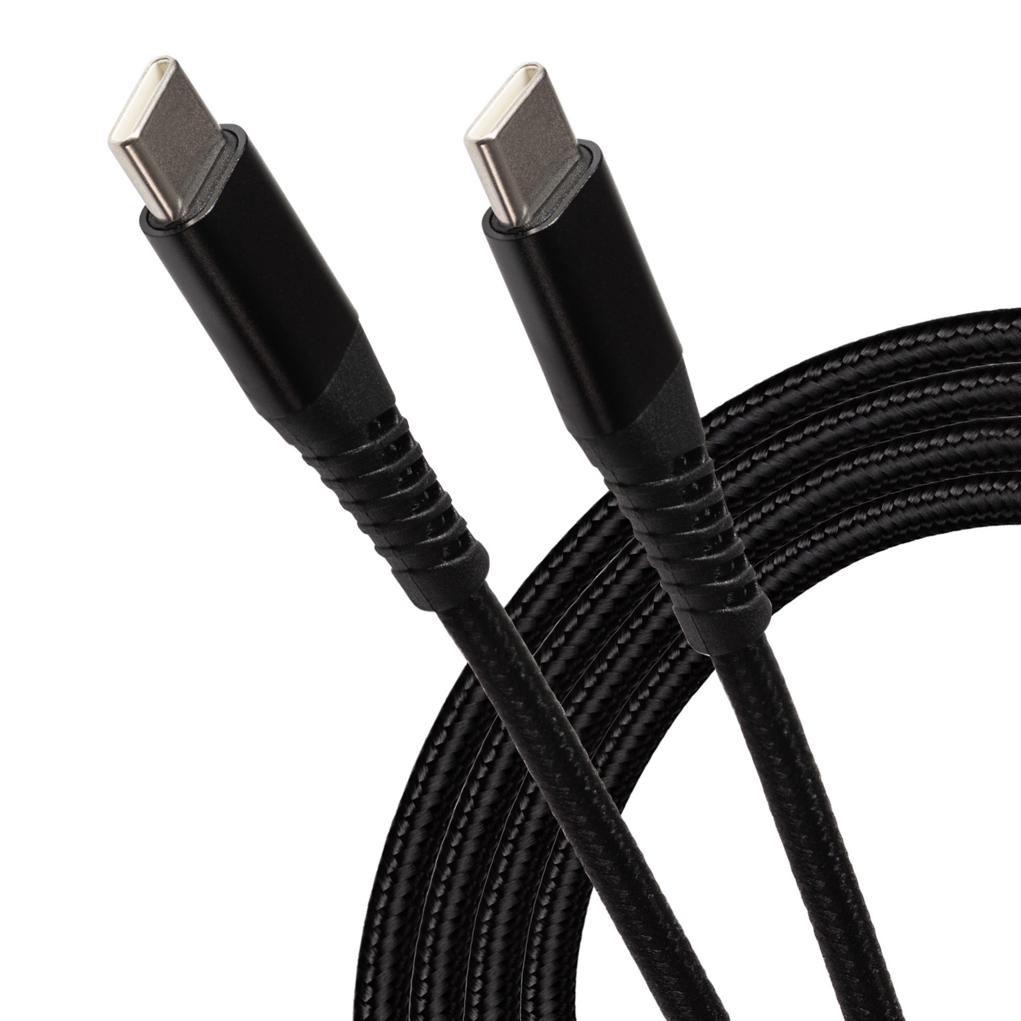 Black braided USB-C to USB-C charging cable, 2 meters long, featuring durable connectors and flexible, tangle-free design for camera charging.